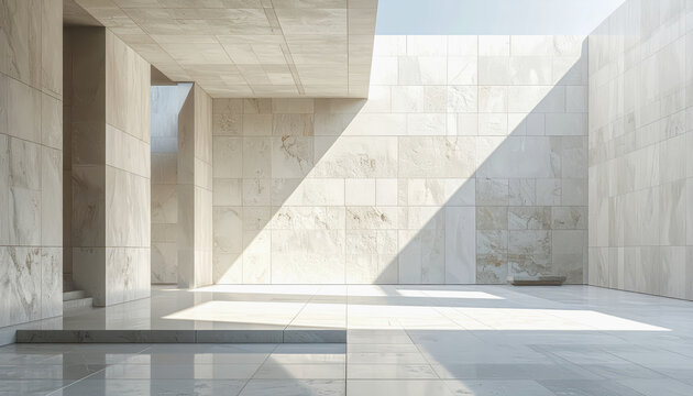 Modern minimalist architectural interior with dramatic sunlight and shadow play on stone walls and floors