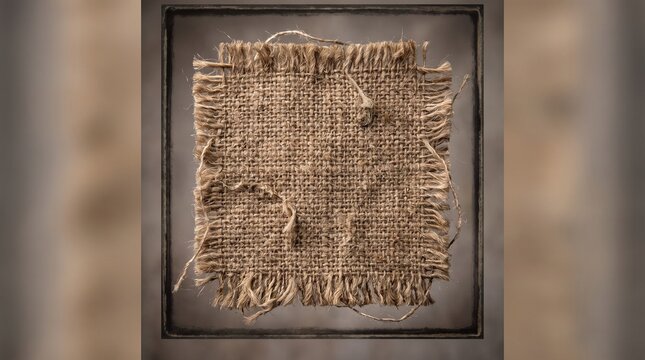 Close up of a square piece of burlap fabric with frayed edges and a rough texture