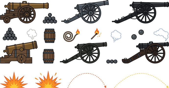 Vintage cannons vector set featuring historic artillery field guns cannonballs gunpowder barrels fuse and explosions isolated on white background