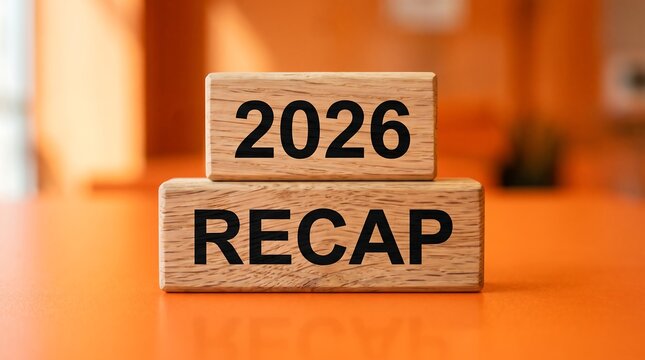 2026 recap on wooden blocks, year in review summary concept, annual business report text on natural wood