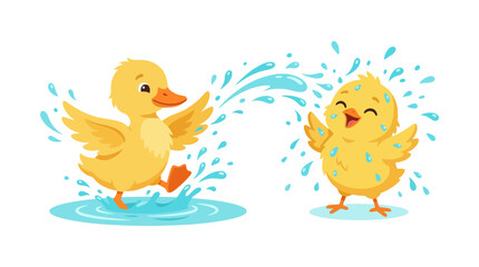 Fototapeta premium Cute Ducklings Playing in Water Vector Illustration
