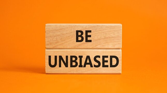 Wooden blocks with text BE UNBIASED, conceptual messaging on orange background, neutrality and fairness concept