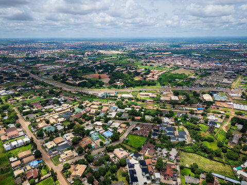 Aerial view of the Barnawa district featuring residential neighborhoods, lush greenery, and urban infrastructure in Kaduna, Kaduna, Nigeria.