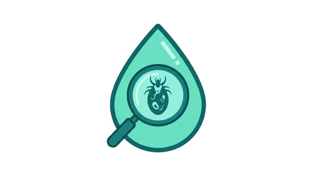 Minimalist tick detection graphic icon, water droplet with magnifying glass revealing parasite, Lyme disease awareness illustration isolated PNG with Transparent Background
