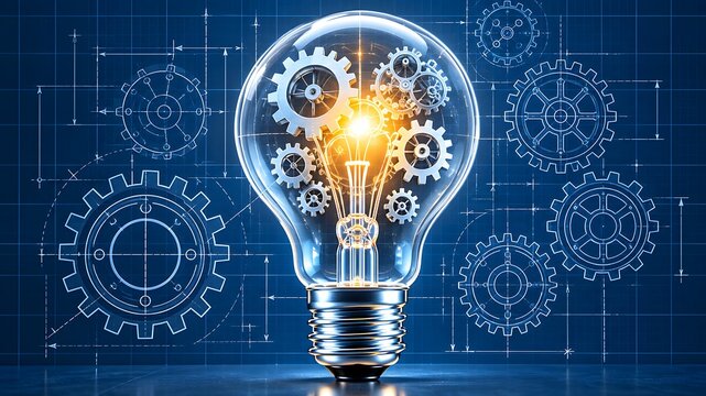 Innovative light bulb with mechanical gears on blueprint background