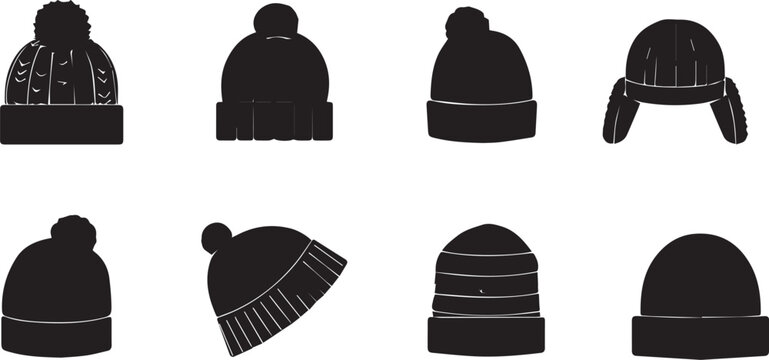 Winter beanies, pom-pom knit hats, trapper hats, and warm woolen headwear black silhouette vector bundle on white.