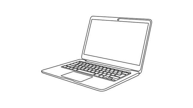 Minimalist laptop outline illustration, open notebook computer line art sketch, modern laptop vector icon on white background