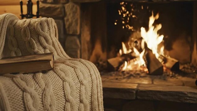 Cozy Fireside Retreat: A comfortable armchair draped with a cable-knit blanket sits beside a roaring fireplace, offering a warm and inviting atmosphere for relaxation and quiet contemplation.