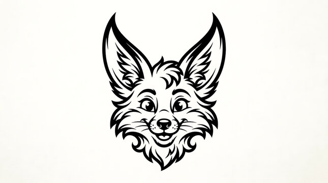 Line art illustration of a cheerful fennec fox head on a clean white background with illustration wildlife monochrome character portrait creature stylized minimalist isolated USA, American, United Sta