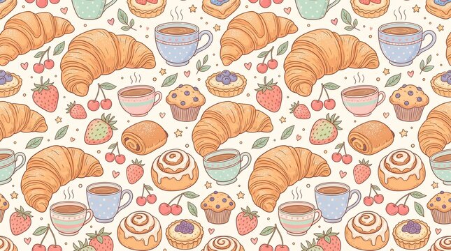 Seamless pattern of hand drawn croissants coffee cups and fresh