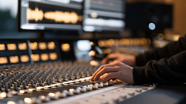 Close up of sound engineer hands riding faders on mixing console during voice-over dubbing session, waveforms visible on dual monitors above desk, ADR track layered against