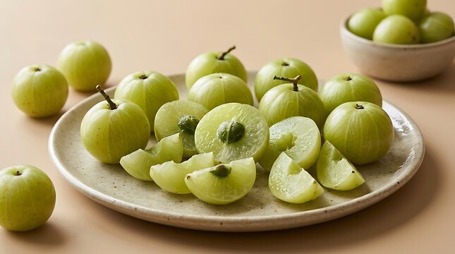 Fresh green amla fruits served on a ceramic plate with some slices on a soft light orange background. amla berry