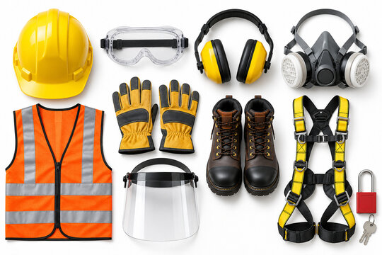 Industrial PPE Safety Gear Collection Isolated on White Background
