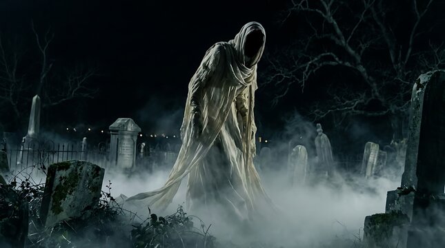 Ghostly spectral entity looming in a dark foggy cemetery graveyard with cemetery graveyard tombstones spectral landscape