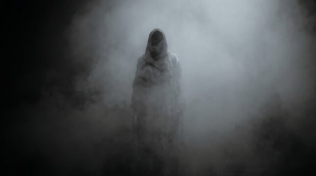 Shrouded spectral entity emerging through heavy swirling mist with spectral mysterious supernatural ethereal apparition