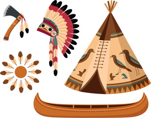 Native American Cultural Vector Element Set with Teepee Tent Canoe Headdress Tomahawk Axe and Feather Sun Symbols for Tribal Design Projects © rahana