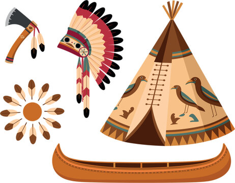 Native American Cultural Vector Element Set with Teepee Tent Canoe Headdress Tomahawk Axe and Feather Sun Symbols for Tribal Design Projects