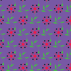 Seamless floral pattern with red stylized flowers on a purple © Sajon