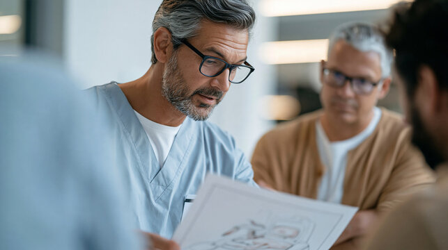 Neonatal surgeon in scrubs consulting with parents over illustrated diagram of infant anatomy outside operating room, pediatric surgical planning, congenital abnormality