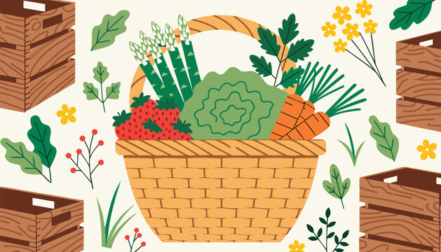 Wooden basket filled with fresh produce including asparagus, lettuce, carrots, and berries