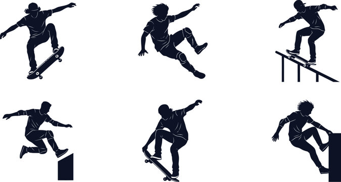 Skateboarding silhouettes of athletes performing tricks, flips, jumps, and stunts showing dynamic urban sport lifestyle