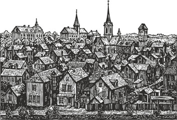 Obraz premium detailed engraving of old town architecture with churches and wooden houses vintage illustration