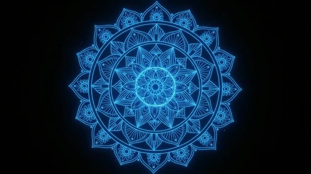 blue glowing mandala ornament and sacred geometry on black background
