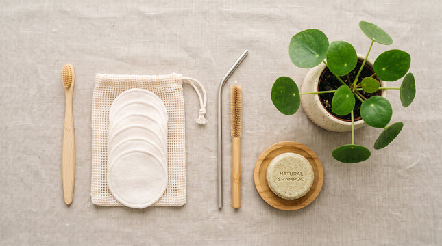 Flat lay composition of zero waste eco friendly personal care items and reusable pouch