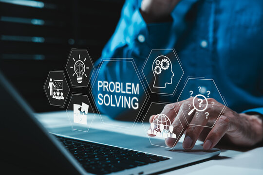 Problem solving and critical thinking shown with strategy icons representing analysis, decision making, creativity, teamwork, research, leadership, innovation, planning, effective business solutions