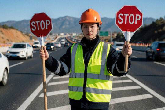 Female traffic controller stands on highway road wearing orange hard hat, reflective safety vest. Woman holds two red stop signs to direct vehicles at construction site. Pro worker manages traffic