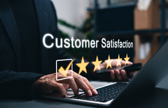 Customer satisfaction and five star rating shown with laptop representing positive feedback, service quality, user experience, loyalty, trust, support performance, engagement, business relationships