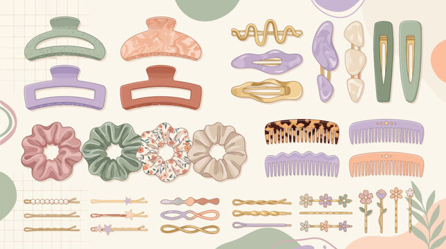 Fashion hair accessories collection with clips and scrunchies vector
