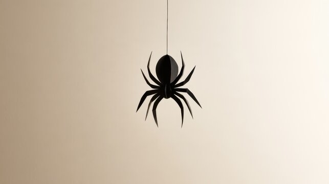 Black silhouette of spider hanging from thin thread on beige background with minimalist lighting and shadow effect