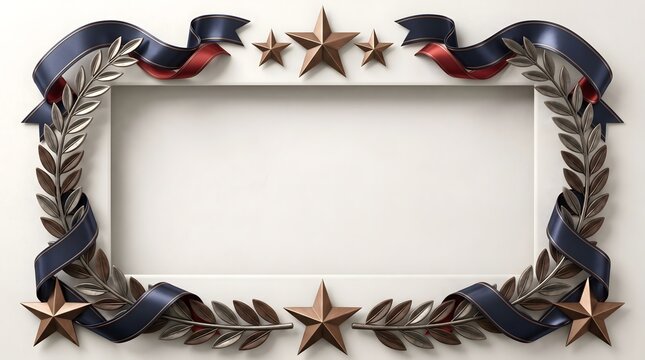 Veterans Day decorative frame with metallic stars and ribbons on a