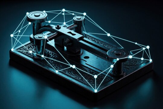 Vintage morse code telegraph key with glowing digital network lines. Retro communication device connects to modern cyberspace via blue light data transmission. Old technology meets new internet