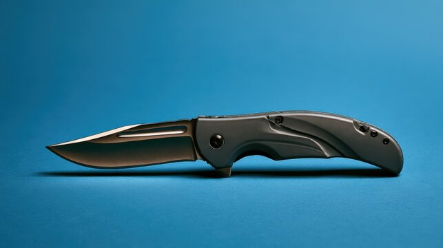 sleek modern black folding pocket knife with stainless steel blade and ergonomic handle isolated on blue background