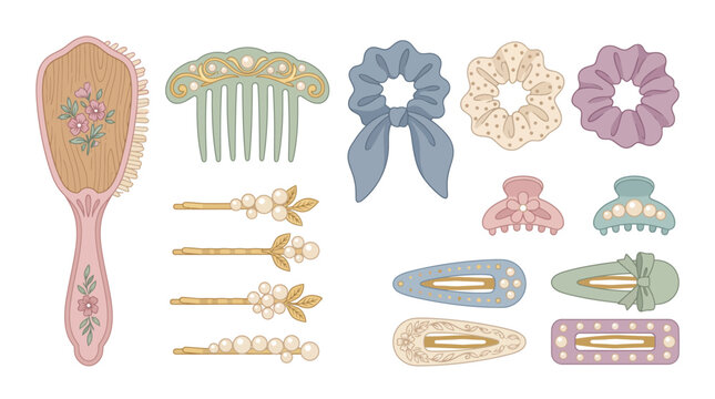 Retro hair accessories collection with floral brush and pearl hair