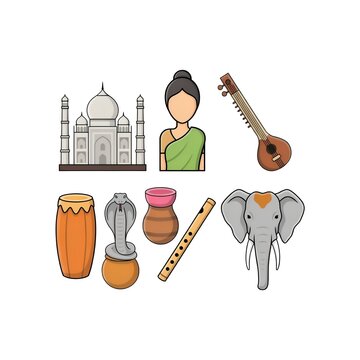 Indian Culture and Tradition Icons Set with Taj Mahal, Woman, Sitar, Tabla, and Elephant Vector Illustration
