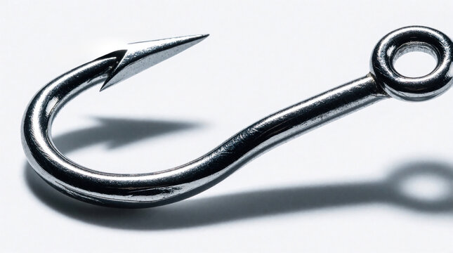 Close up of single silver metal fishing hook on white background. Sharp steel tackle with curved shape, eye loop for line. Shiny metallic object used for catching fish in sea lake. Pro angling