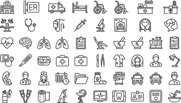 Medical and healthcare line icon set featuring hospital equipment ambulance doctor nurse first aid kit stethoscope medicine and clinic care vectors