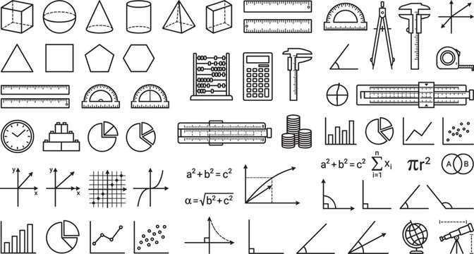 Mathematics and geometry education line icon set featuring geometric shapes formulas graphs rulers calculator compass and scientific measurement tools vectors