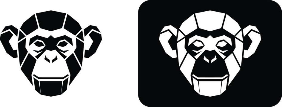 Two black and white graphic illustrations of chimpanzee faces showcase intricate details and are set against different dark backgrounds