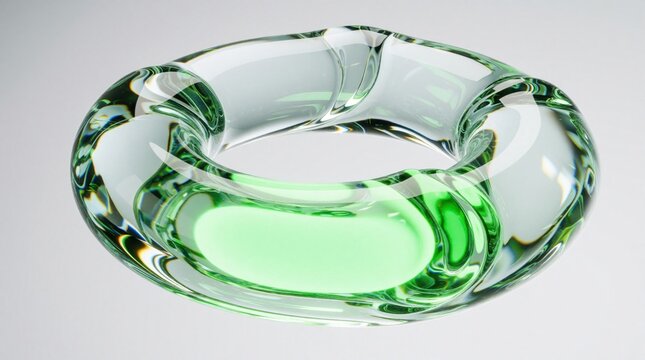 Abstract floating liquid glass ring with glowing green core. Transparent 3D shape features bright light inside. Futuristic element rests on white background. Concept of green energy, eco tech, purity