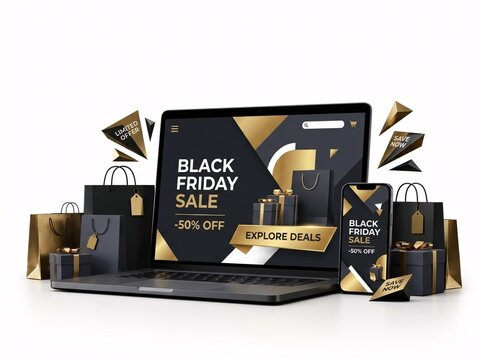 Laptop displaying Black Friday sale banner surrounded by black bags and gift boxes
