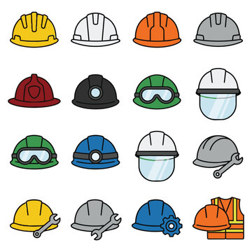 Vector illustration icon set of industrial safety helmets and construction hard hats in various colors with tools including safety goggles face shields a wrench gear and high visibility vest