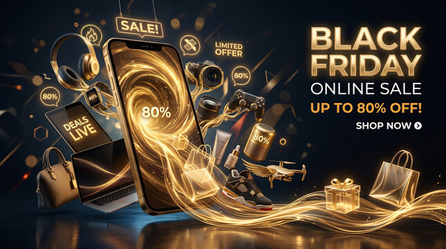 Futuristic Black Friday online sale banner with golden light swirl and gift boxes