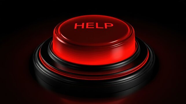 Red glowing help button with black circular base symbolizing emergency support and urgent assistance alert with dark background