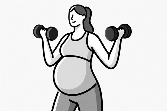 Confident pregnant woman lifts dumbbells for strength training. Expectant mother performs fitness workout to stay healthy. Active female exercises with weights during pregnancy to maintain body