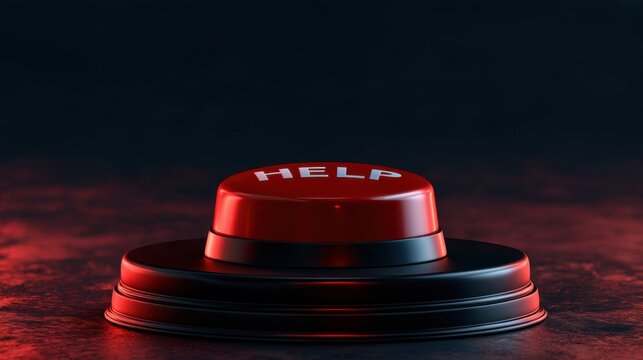 Red emergency button with help text on black base glowing in dark room indicating urgent assistance concept