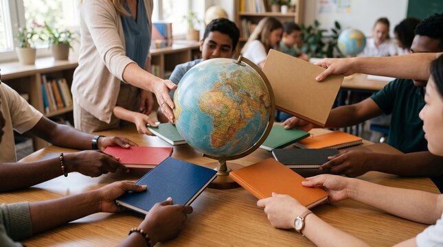 World Geography Day students exchanging books and globe in classroom